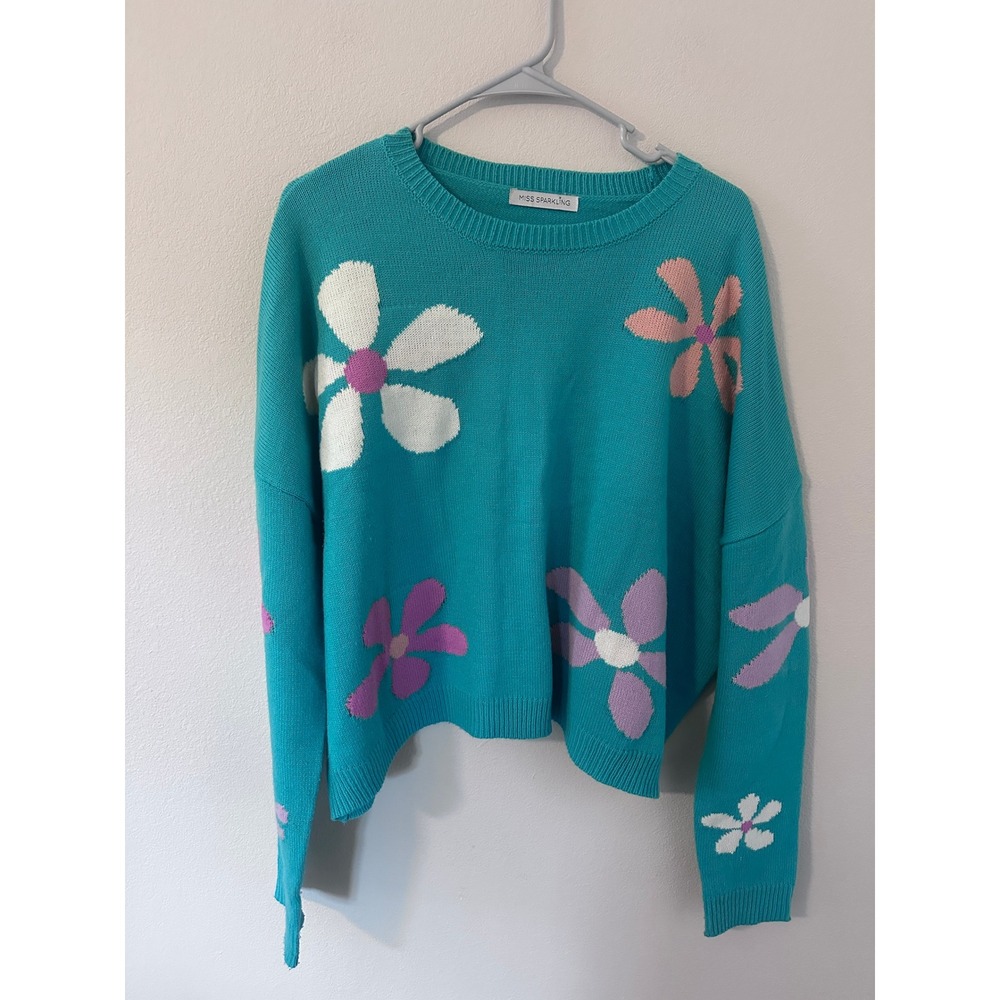 Miss Sparkling Floral Sweater XL Teal Blue Knit Crewneck Pullover Spongebob